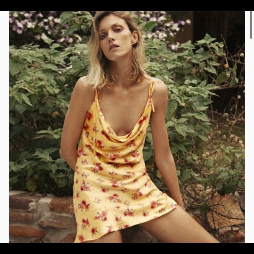 ZARA Draped Satin Floral Print Mini Slip Dress